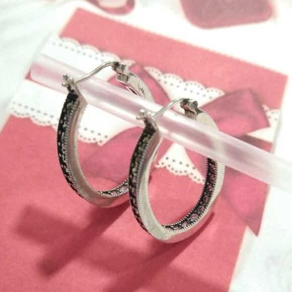 925 Sterling Silver Round Hoop Huggie Earrings Pink Sapphires Marcasites Signed - Picture 2 of 15